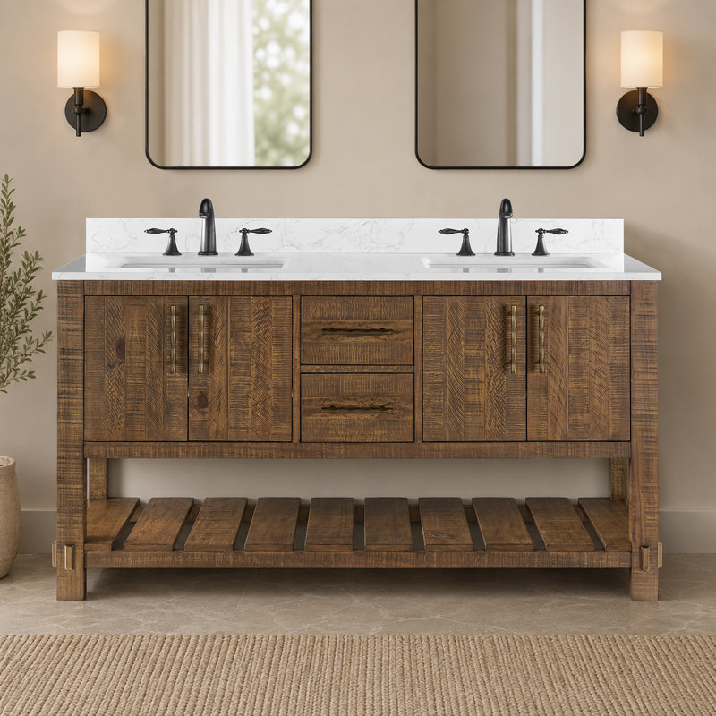Meuble-lavabo 72 po avec lavabo Farmhouse, bois massif, 2 tiroirs, 4 portes à fermeture douce, tablette de rangement ouverte, comptoir et dosseret en marbre 0,79 po, brun rustique