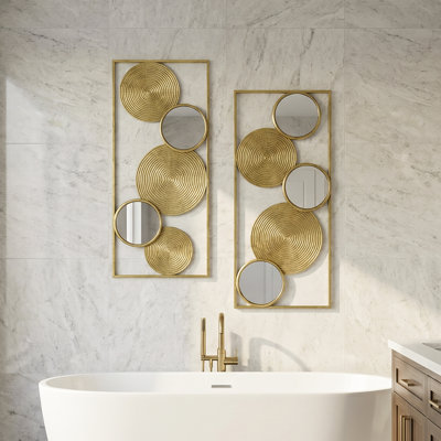 2-Piece Iron & Mirror Wall Art, Rectangular Panels with Textured Circles,Modern Home Decor