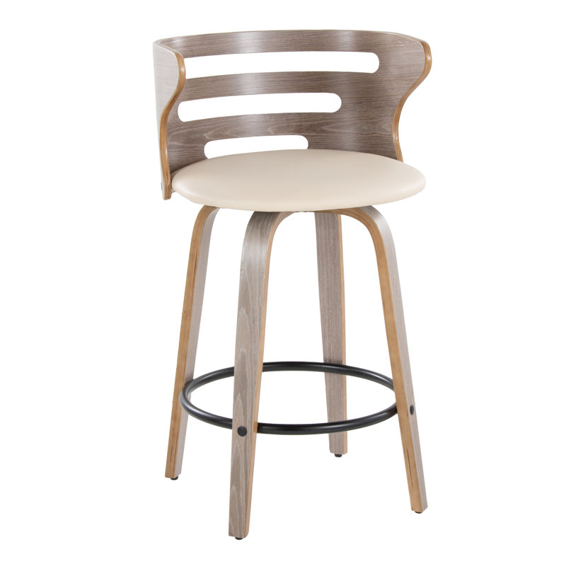 Tabouret de bar Mid-Century moderne à hauteur fixe avec pivot, Chêne, Beige