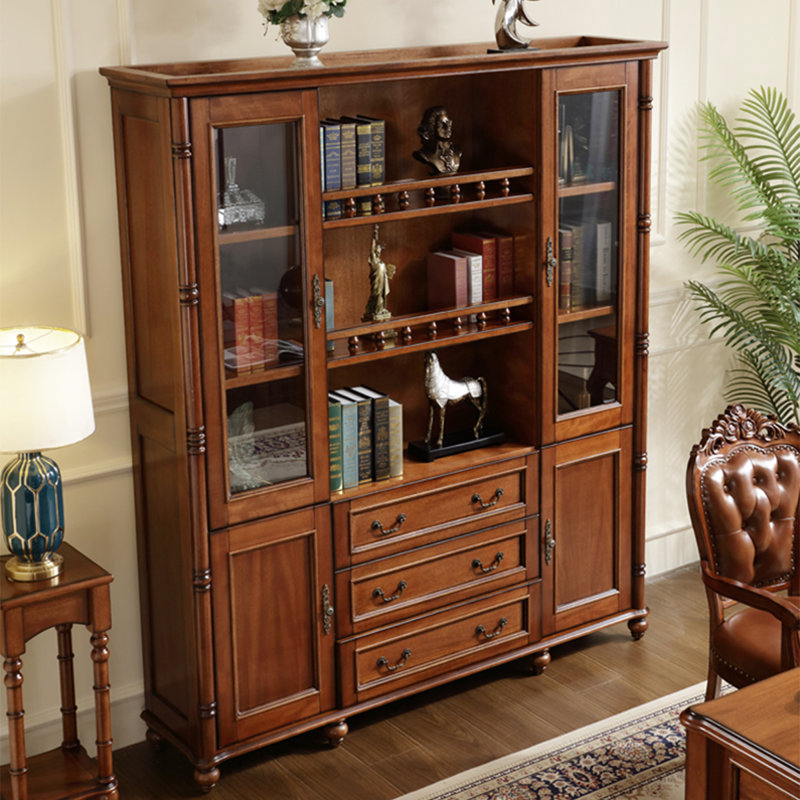 American-Style Vintage Mahogany With Glass Storage Cabinet Bookcase