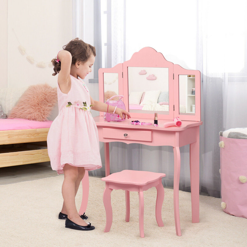 Demoss Kids Vanity Set with Mirror, Pink