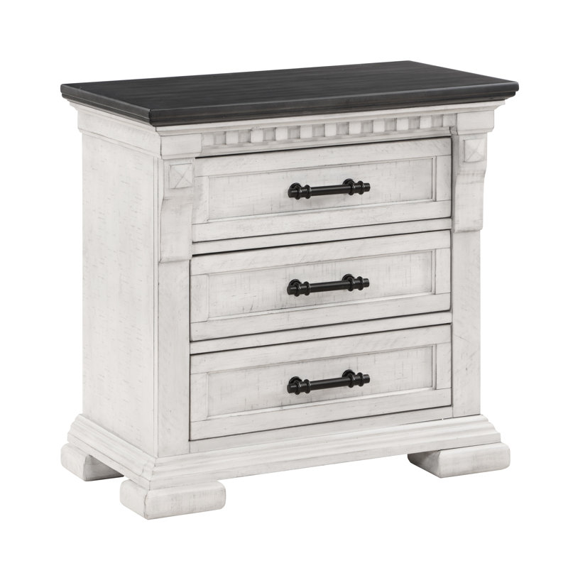 Table de chevet antique blanche 3 - Mobilier de chambre de style transitionnel avec armoire de chevet 3 tiroirs en bois