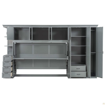 Twin Size Murphy Bed Wall Bed with Wardrobe, Cabinet and Desk, Gray