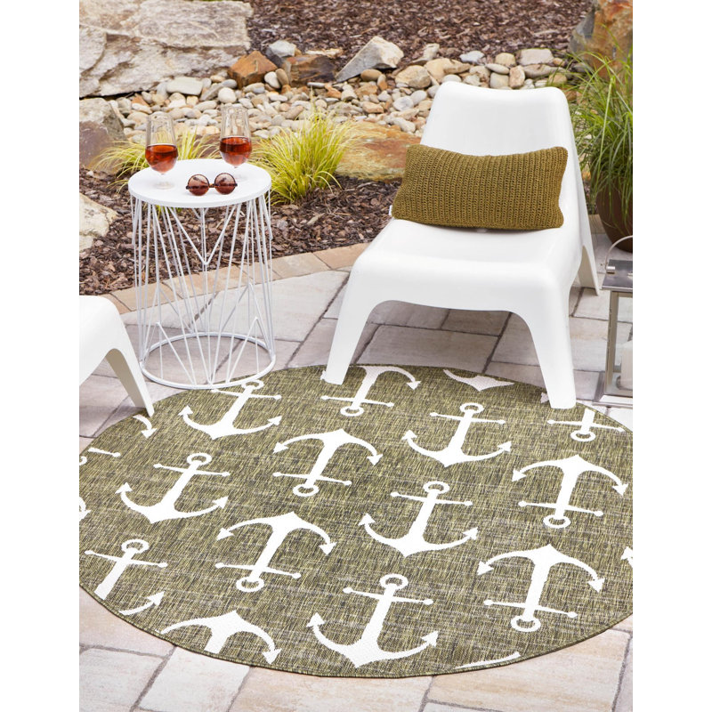 Tapis d'intérieur / extérieur en plastique tissé à la machine Glidden - vert / ivoire, Rond 3 pi 3 po