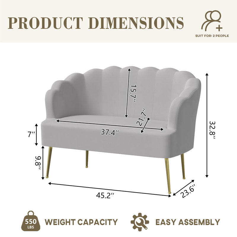 High-end Velvet 2-Seater Loveseat Couch, Gray