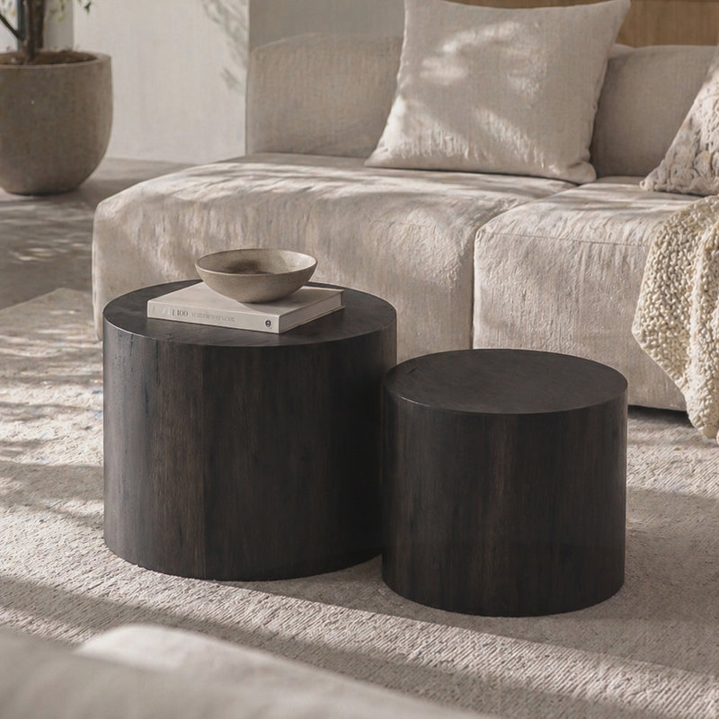 Ensemble de 2 tables basses rondes en bois Nesting, Grain de bois noir