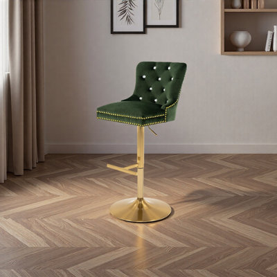 Adjustable Bar Stool, Velvet Chair With Swivel Function And Metal Base, Counter Height Stool