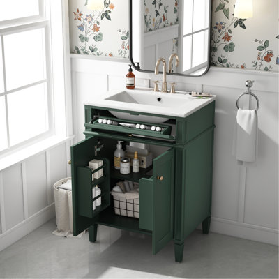 24 meubles de salle de bain modernes avec 2 portes, un tiroir basculant, un lavabo en céramique, un mécanisme de fermeture douce et silencieuse, des portes en bois massif avec des pieds et des organisateurs de rangement intelligents, des glissières de tiroir coulissantes,