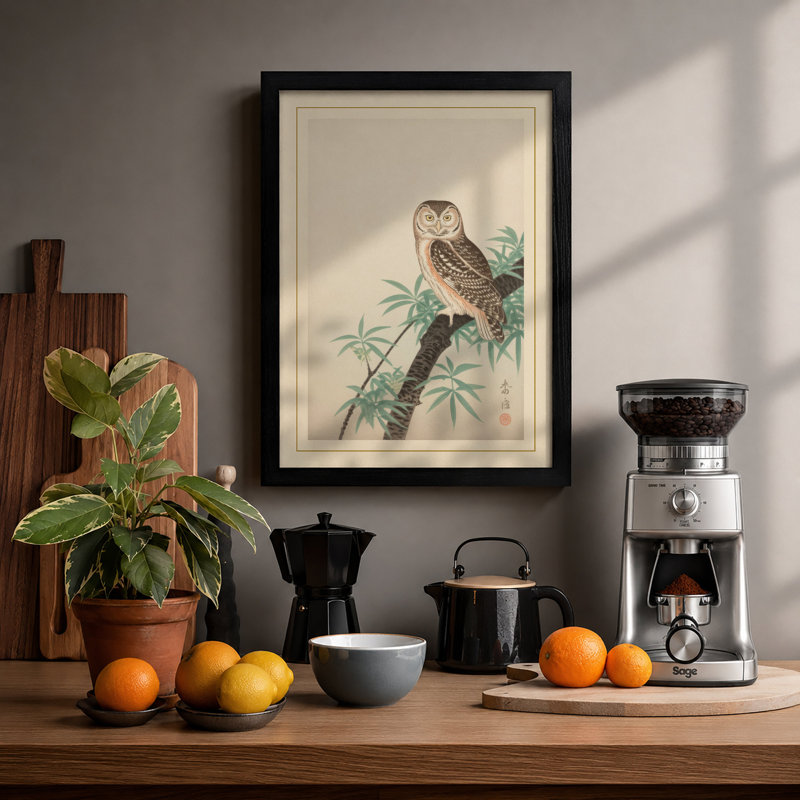 Burrowing Owl And Branch Japandi - Print, A2 - 59.4 x 42.0 cm, Black