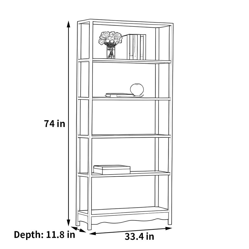 Bibliothèque simple et rétro, (6 tablettes) H 74 po x l 33,4 po x P 11,8 po, Brun