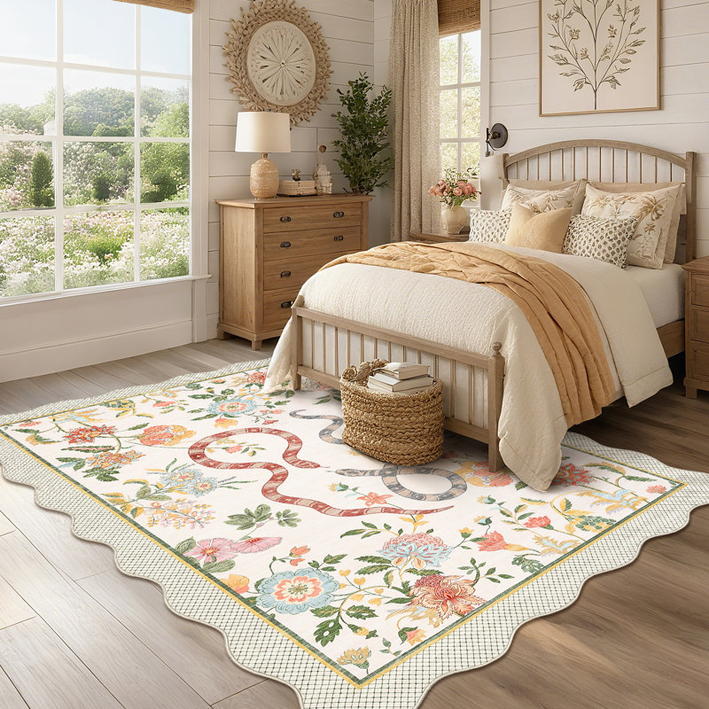Farmhouse Floral Rug Washable Rug Non Slip Modern Scalloped Carpet, Soft Non Shedding Indoor Carpet, Low Pile Thin Foldable Printed Mat