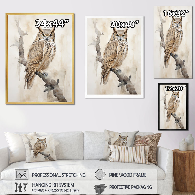 «Wise And Watchful Majestic Owl» sur toile, Toile tendue, H 40 po x l 30 po x P 1,5 po
