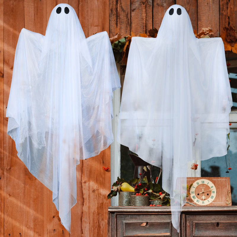 2 fantômes suspendus 35,5 po d'Halloween illuminés, Blanc