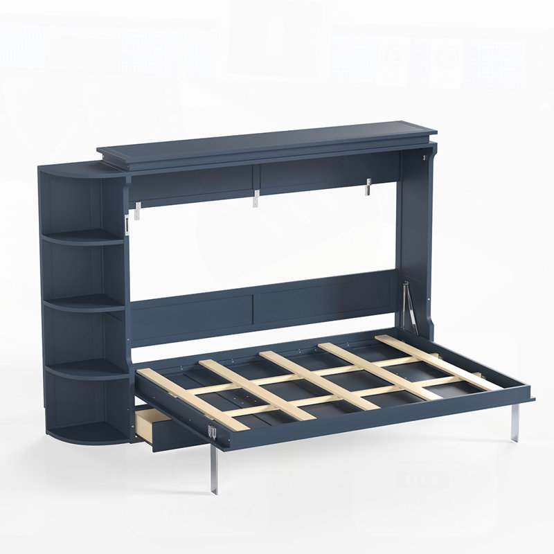 Lit plateforme Murphy avec tablette, armoires latérales et tiroirs pour économiser de l'espace au bureau à domicile, Bleu
