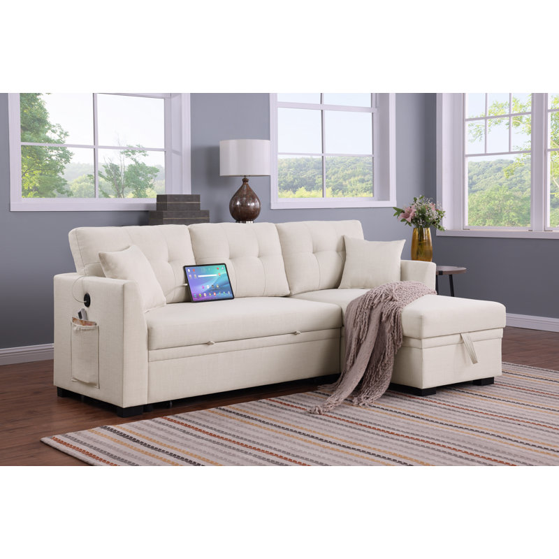 L-Shaped Sleeper Sofa Reversible Couch Pull Out Couch With Storage Chaise, Beige Chenille