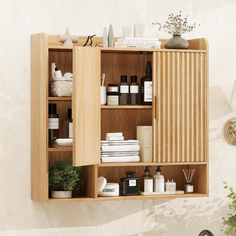 Armoire murale cannelée pour salle de bain, armoire à pharmacie en bois avec 2 portes et tablette réglable