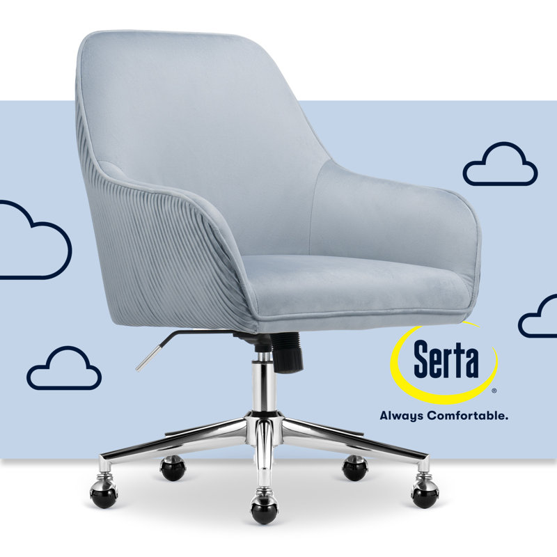 Serta Chloe Modern Office Chair, Pleated Velvet, Curved Mid-Back, Medium Firm Cushion, Swivel Base, Cream, Gold