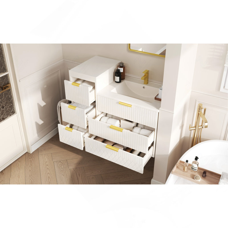Armoire flottante murale 24 po avec armoire latérale, meuble-lavabo rectangulaire, petit lavabo de salle de bain avec trou de robinet simple et trop-plein, armoire avec lavabo en céramique