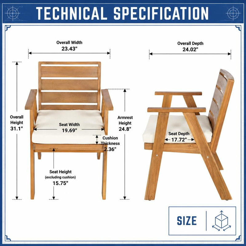 Ensemble de 2 chaises de salle à manger d'extérieur en bois massif durable avec coussins moelleux