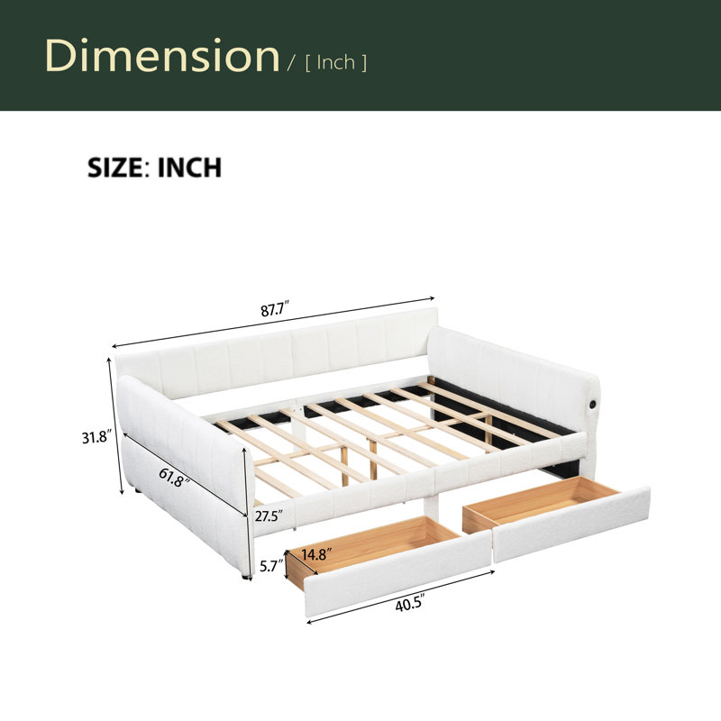 Queen Size Upholstered Platform Bed With USB And 2 Drawers, Blanc