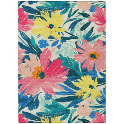10' X 14' Blush And Pink Floral Washable Indoor Outdoor Area Rug