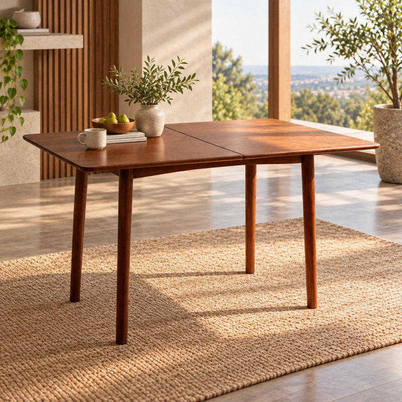 Table de salle à manger moderne à finition noyer avec abattant et pieds fuselés