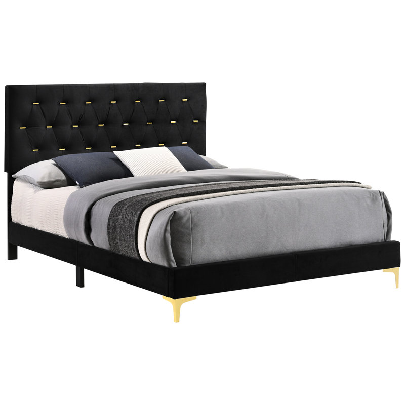 King Size Black Panel Bed, Upholstered With Diamond And Gold Accents, Open Design For A Bright Space Bed In King, Finished Bracket Legs, Soft Padded Side Panels, Appearance