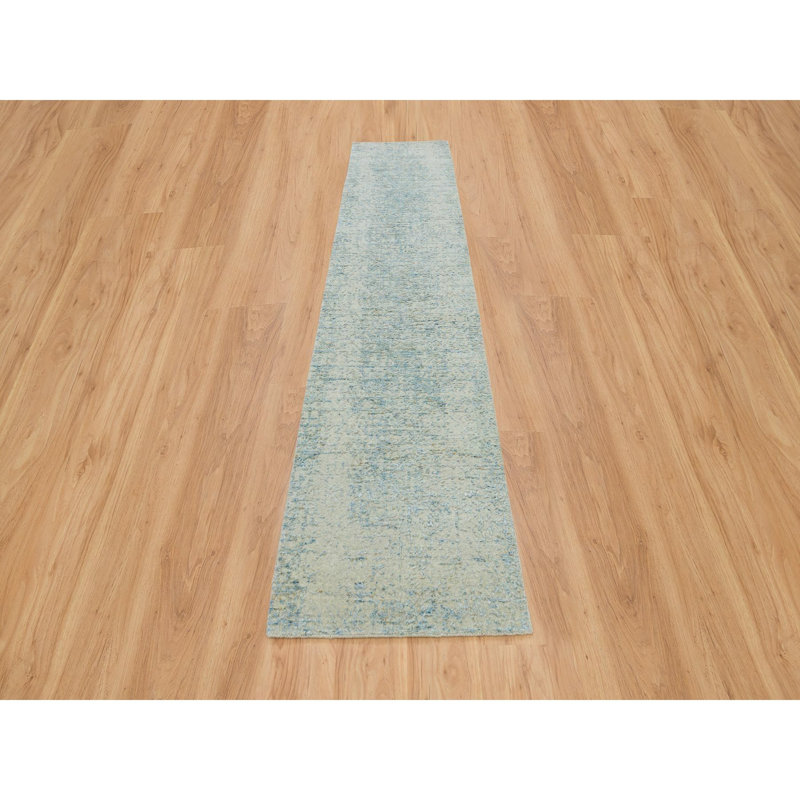 Tapis de couloir gris noué à la main de conception unique 2 pi 6 po x 12 pi New Age