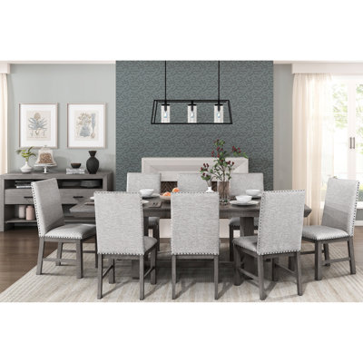 Rustic Design 9pc Dining With Gray Finish And 8 Upholstered Side Chairs, Extendable Table For Rectangular Beige Textured Fabric Family Gatherings