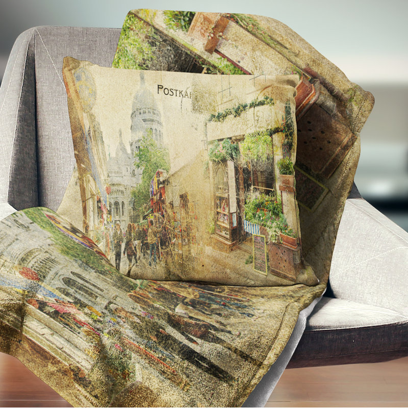 Cartes rétro parisiennes - Coussin imprimé paysage urbain, 18 po x 18 po, Coussin décoratif