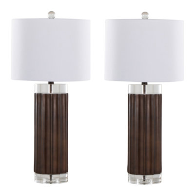 Cylinder Fluted 29.25" Contemporary Polyresin Table Lamp in Brown Lustre Polyresin, Clear K9 Crystal and White Linen Shade from Grandview Gallery  - Set of 2