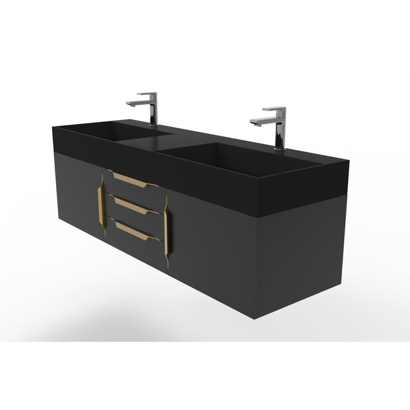 Ensemble de meuble-lavabo double mural 60 po Russett, Noir, Noir, Or