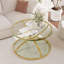 Table basse moderne en verre avec 2 niveaux, cadres en forme d'anneau, structure en métal et verre trempé transparent-129948407-129948406