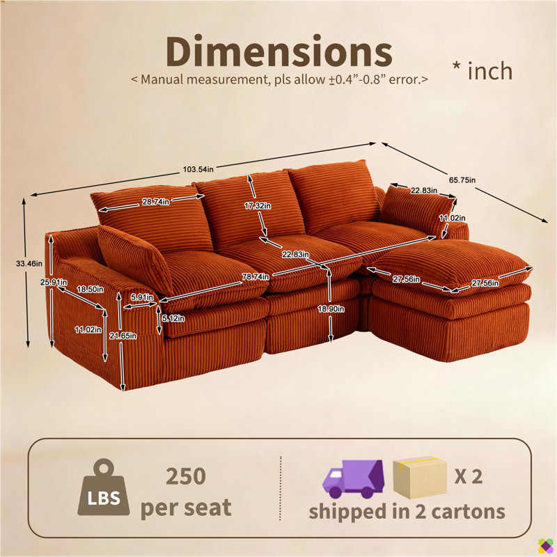 Canapé modulaire Kanfi de 103,54 po Kaneki, Burnt Orange Corduroy