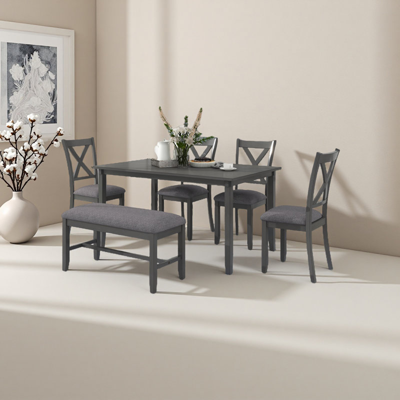 6-Piece Kitchen Dining Table Set Wooden Rectangular Dining Table, Gray, Gray