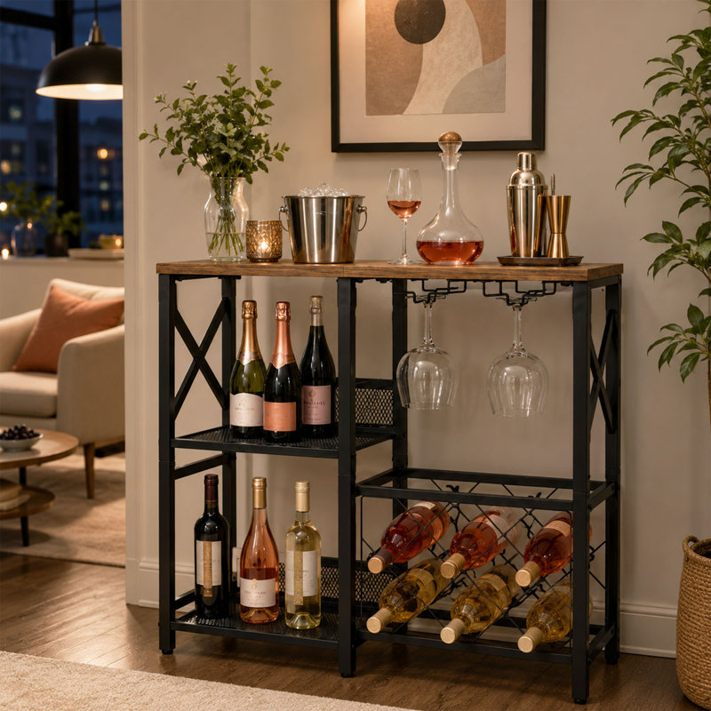 Meuble-bar à vin, casier à vin autoportant avec porte-verres et tablettes de rangement