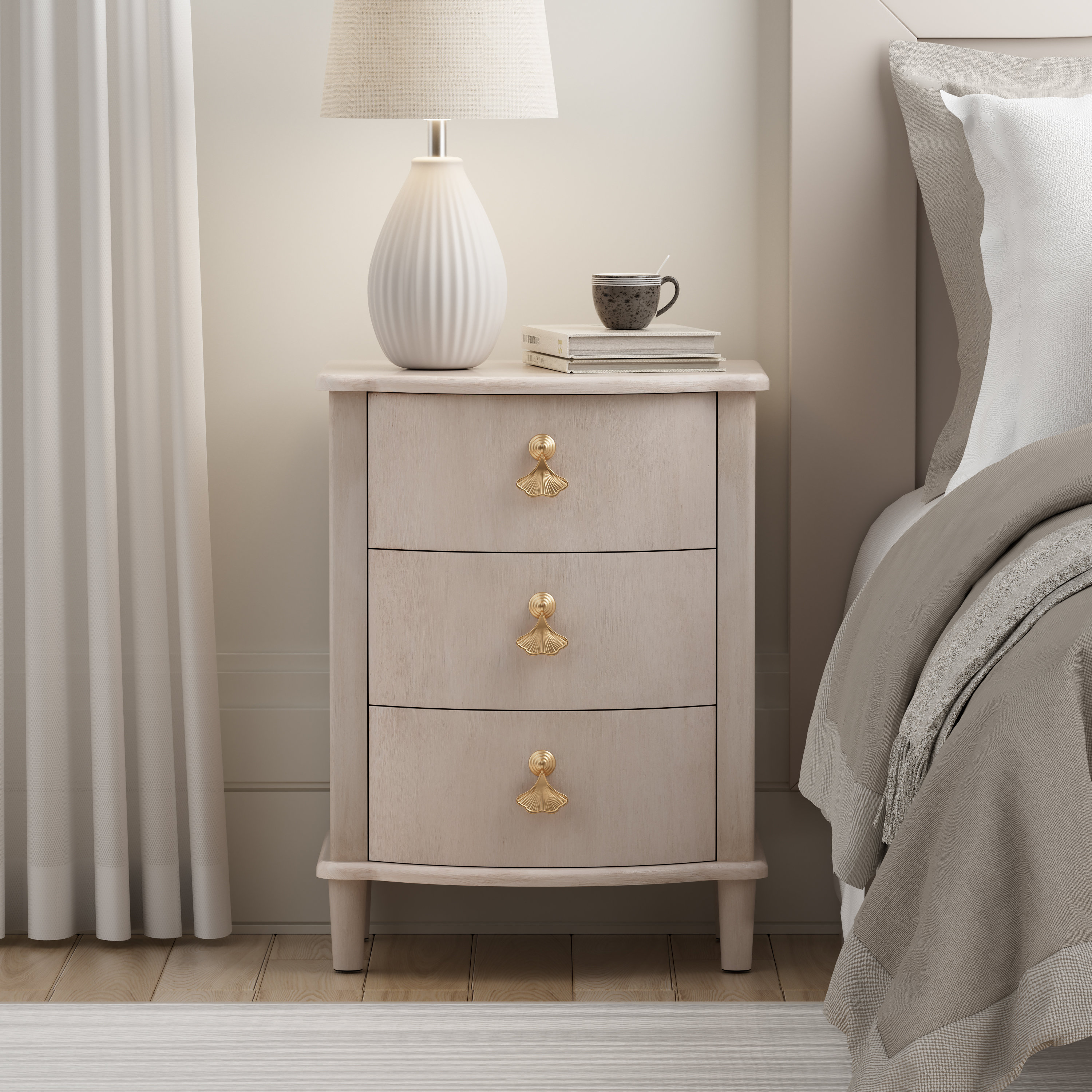 Elegant 3-Drawer Nightstand With Gold Leaf Handles