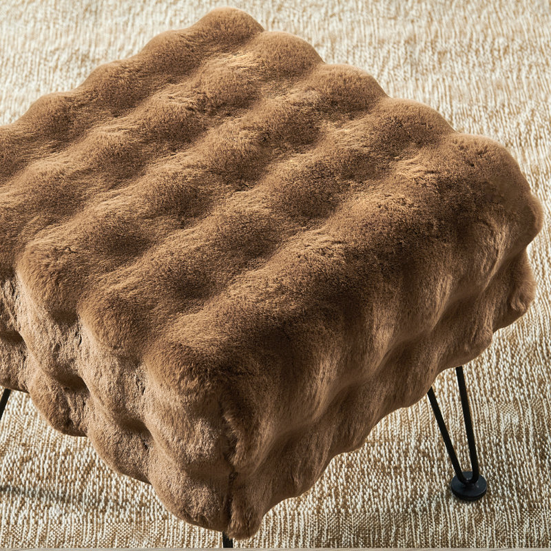 Upholstered Ottoman, Taupe Faux Fur