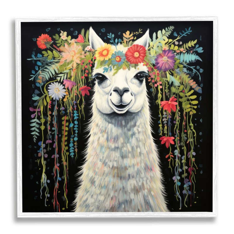 Lama floral sur imprimé noir, Giclée encadrée blanc bord de mer, H 12 po x l 12 po x P 1,5 po