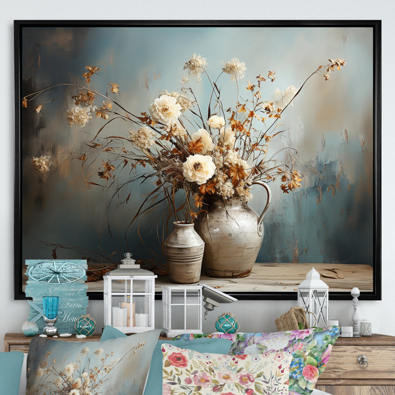 Floral, plante, bouquet, nature morte, vase, oasis, art mural pour salon, Cadre flottant noir, H 34 po x l 44 po x P 1,5 po