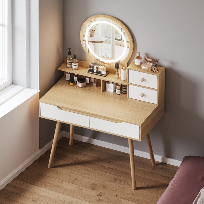 Ensemble de coiffeuse avec 3 miroirs lumineux réglables, 4 tiroirs et 3 tablettes ouvertes - Ensemble de coiffeuse pour petits espaces