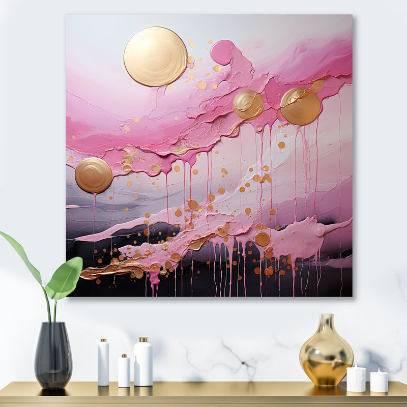 Or et rose, formes liquides modernes I - décoration murale abstraite en métal, H 36 po x l 36 po