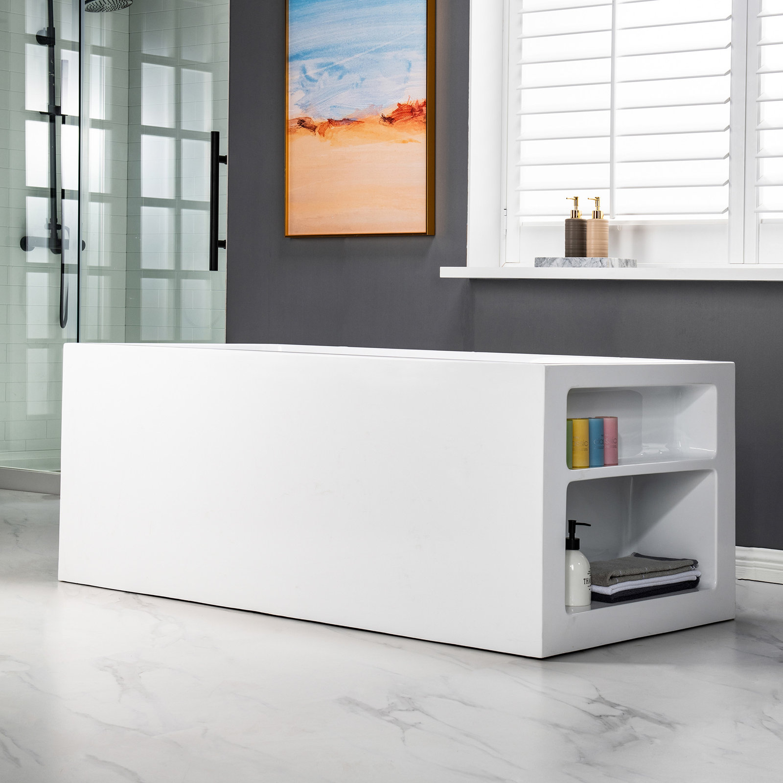 Solace 59" Soaking Bathtub with Storage, Brushed Gold