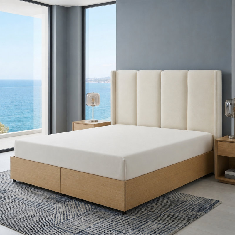 Modern Wingback Upholstered Bed with 2 Footboard Drawers, King, Beige Linen, Beige, King