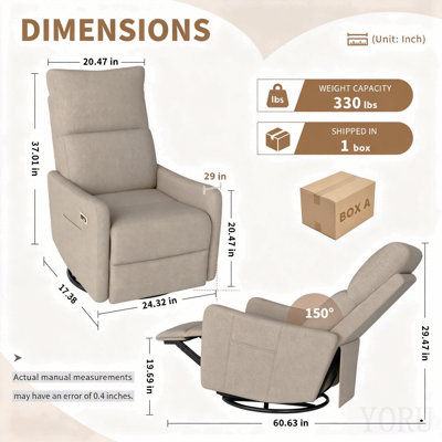 Fauteuil inclinable pivotant électrique, fauteuil à bascule pivotant à 270° pour adultes, petit fauteuil à bascule pour petits espaces, fauteuil inclinable à bascule en tissu rembourré pour chambre d'enfant, salon, siège de cinéma (brun)