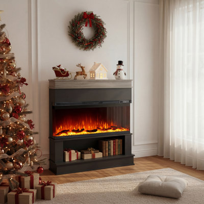 Foyer électrique 50 po 3 côtés noir avec manteau de cheminée et rangement, foyer extra large, flamme 12 couleurs, mode flamme seulement, 1500 W