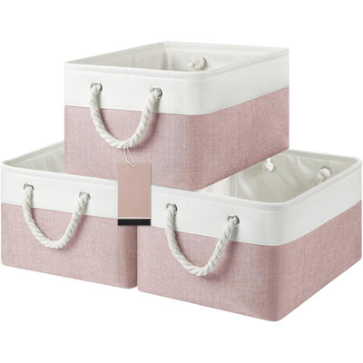 Paniers de rangement, paquet de 3, bacs de rangement en tissu, paniers de rangement polyvalents pour tablettes avec poignées (blanc, rose)
