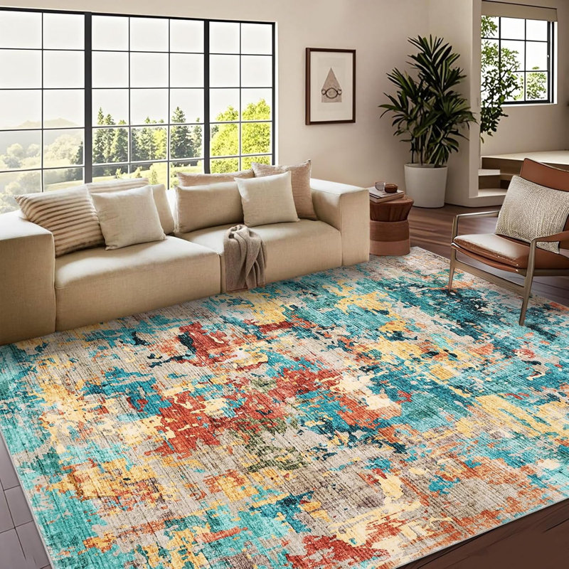 Area Rug, Modern Abstract, Washable, Non-Slip, Thin Soft Large Area Rug for Living Room, Bedroom, Dining Room, Blue.
