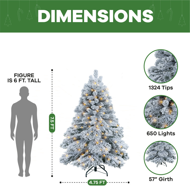 Traditional Snow Flocked Christmas Tree with Lights, Prelit with Stand, 7.5 ft