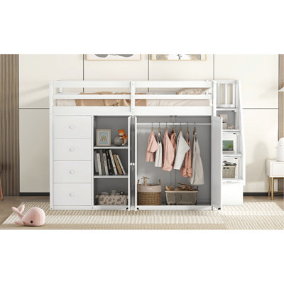 Lit mezzanine en bois blanc de taille double, avec escalier de rangement et compartiments à trois niveaux, conception de chambre à coucher multifonctionnelle dans des armoires de rangement intégrées, option d'espace élégant